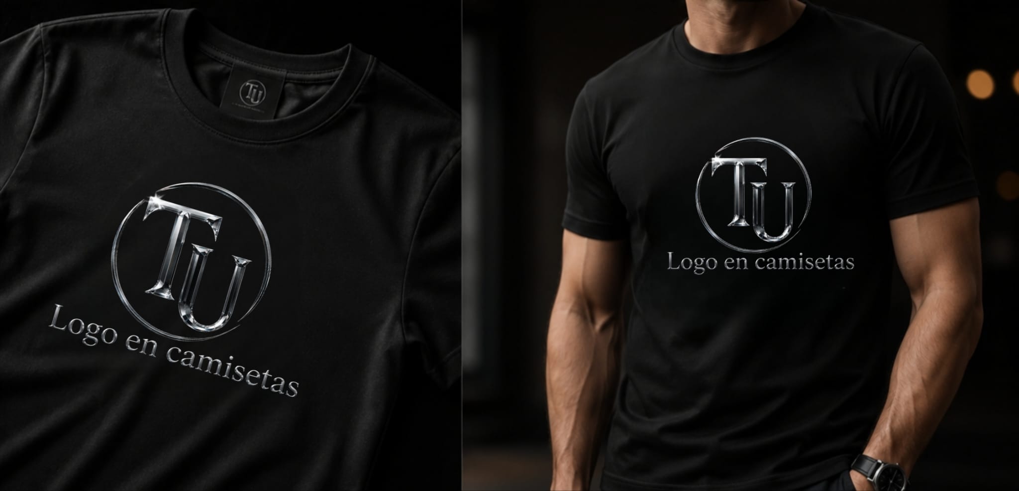 Muestra real: camiseta negra con el logo TU cromado estampado