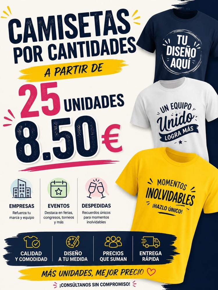 Oferta de camisetas personalizadas por cantidades: a partir de 25 unidades desde 8,50 € cada una